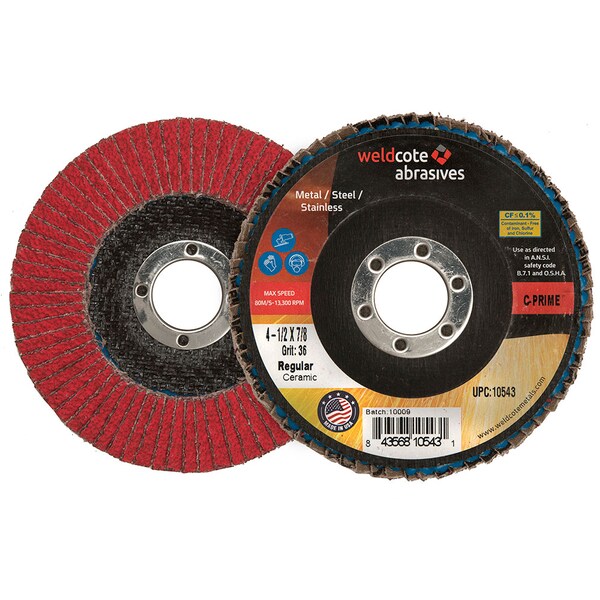Weldcote 10342 4-1/2 x 7/8 Z-PRIME Flap Discs, Zirconia, Z-120, Type 27, 10 pack