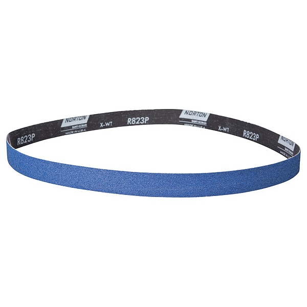 Norton Abrasives Sanding Belt, Coated, 1 in W, 42 in L, 120 Grit, Medium, Zirconia Alumina, BlueFire R823P, Blue 78072728590