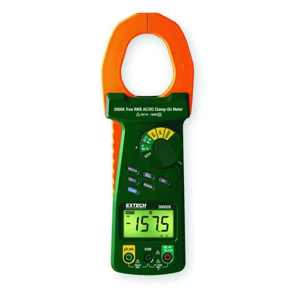 Extech Clamp Meter, LCD, 2,000 A, 2.0 in (51 mm) Jaw Capacity, Cat IV 600V Safety Rating 380926-NIST