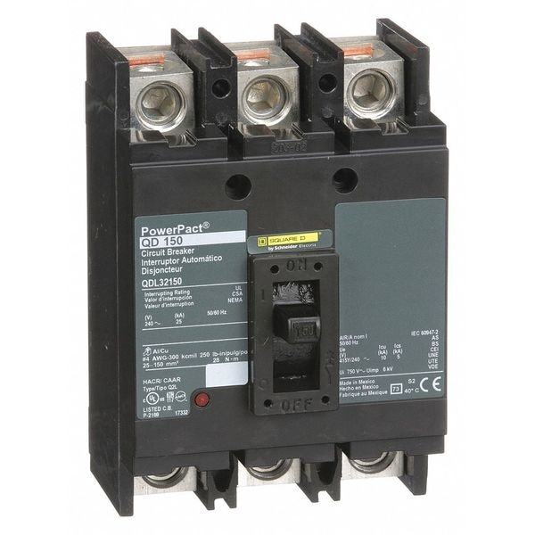 Square D Molded Case Circuit Breaker, 150A, 240V AC, 3 Pole, Free Standing Mounting Style, QD Series QDL32150