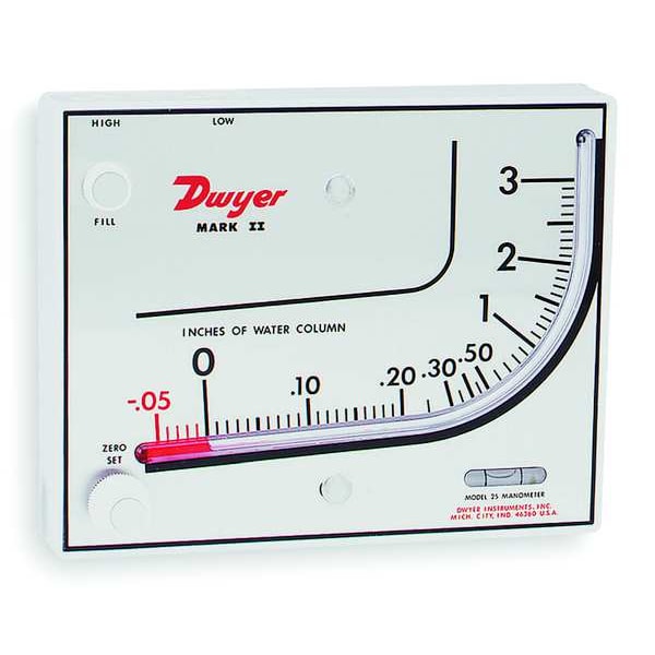 Dwyer Instruments Molded plastic manometer, range 0-3" w.c., red fluid, .826 sp. gr. MARK II 25 - main