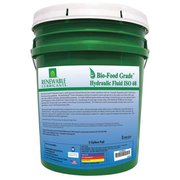 Renewable Lubricants BioFood Grade Hydraulic Fluid, 5 gal., ISO 68