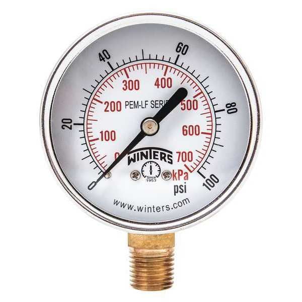 Winters Pressure Gauge, 0 to 100 psi, 1/4 in MNPT, Steel, Black PEM214LF