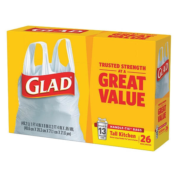 Glad Trash Bags, 13 gal., 0.85 mil, PK26 70036 Zoro