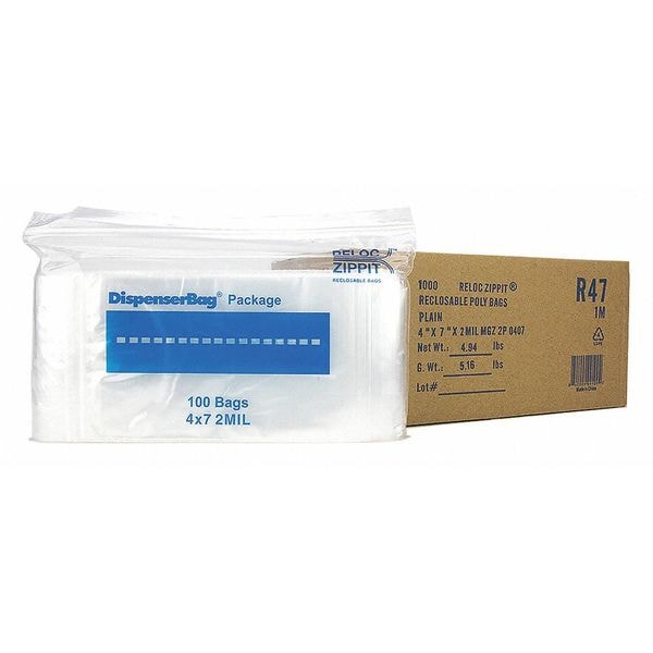 Reloc Zippit Reclosable Poly Bag 2MIL, 4"x 7", Clear R47 Zoro