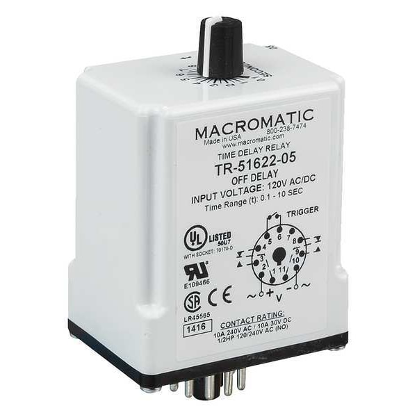 Macromatic Time Delay Rlay, 24VAC/DC, 10A, DPDT, 3 sec. TR-51628-12