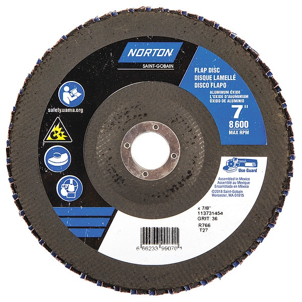 Norton Abrasives Flap Disc, 7 In x 36 Grit, 7/8 66623399070