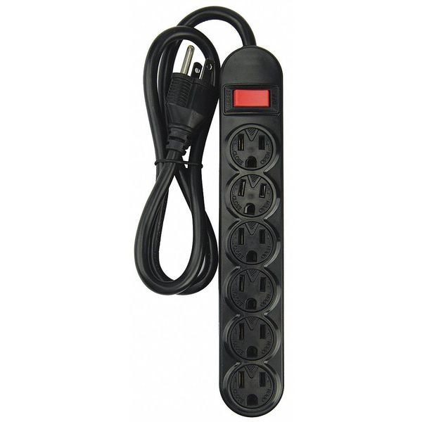 Power First Outlet Strip, 6 Outlets, Black 24A459