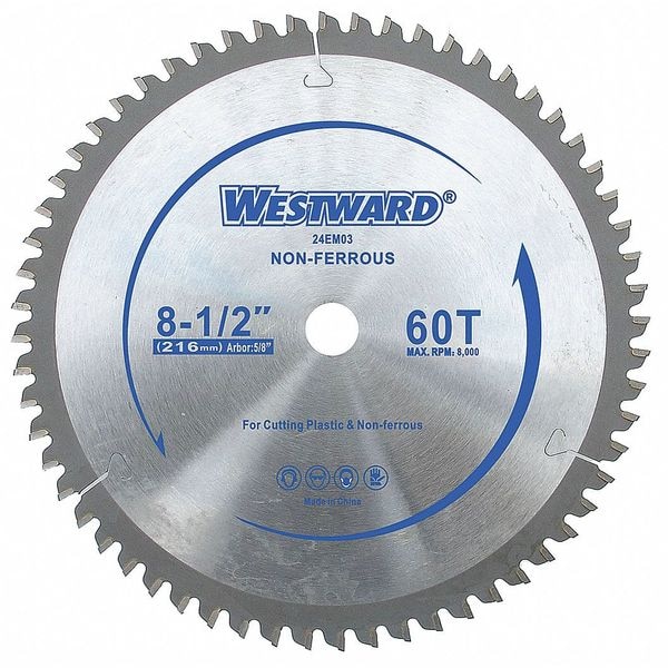 Westward Non-Ferrous Saw Blade, 8-1/2 In, 60T 24EM03