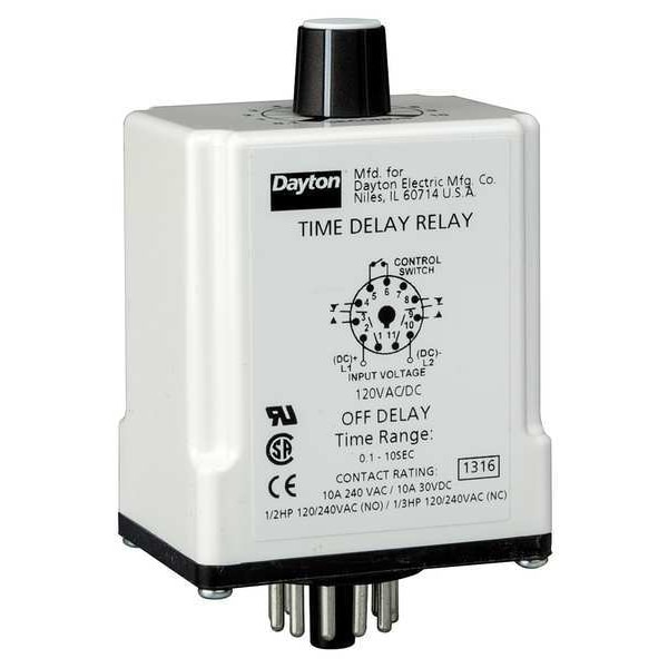 Dayton Time Delay Relay, 12VDC, 10A, DPDT, 9 sec. 24EN84