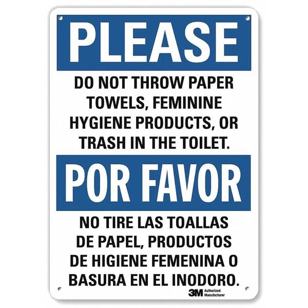 Do Not Throw Trash in Toilet Sign English/Spanish (7 in W 10 in H
