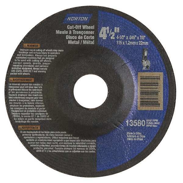 Norton Abrasives Depressed Center Wheels, Type 27, 4 1/2 in Dia, 0.045 in Thick, 7/8 in Arbor Hole Size 66252843604