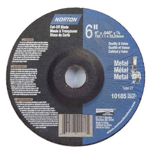 Norton Abrasives Depressed Center Wheels, Type 27, 6 in Dia, 0.045 in Thick, 7/8 in Arbor Hole