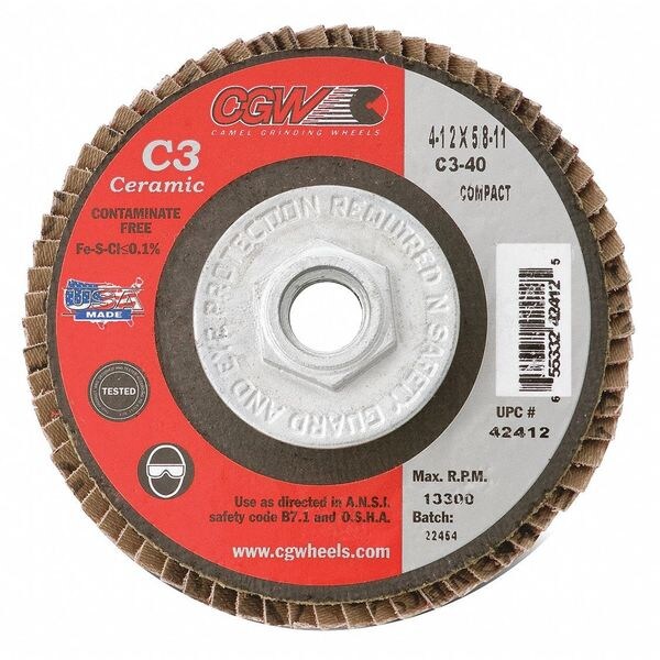 Cgw Abrasives Flap Disc, 4.5x5/8-11, C3 Cmpct Cer Rg, 36G 42411 | Zoro