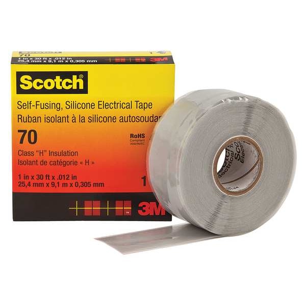 3M Silicone Electrical Tape, 70, Scotch, 1 in W x 30 ft L, 12 mil thick, Gray, 1 Pack 70