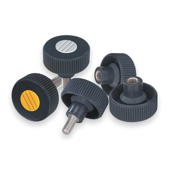 Kipp Knurled Knob, Sz: 1, D1= 40 D=1/4-20X20, Form L, Plastic Black, Comp: Stainless Steel, Cap: Black K0261.51A2X20