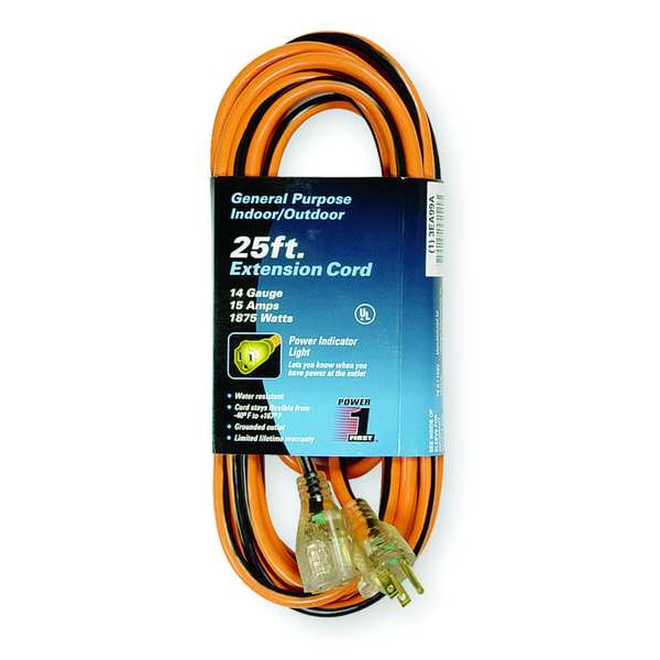 Zoro Select SJTW Extension Cord, 14 AWG, Outdoor, 14/3, 1 Outlets, 5-15R, Orange with Black Stripe, PVC, 5-15P 3EA99
