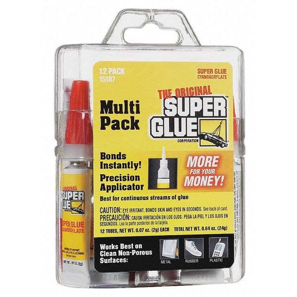 Super Glue Instant Adhesive, 0.07 fl oz, Tube, Clear, 12 Pack 15187