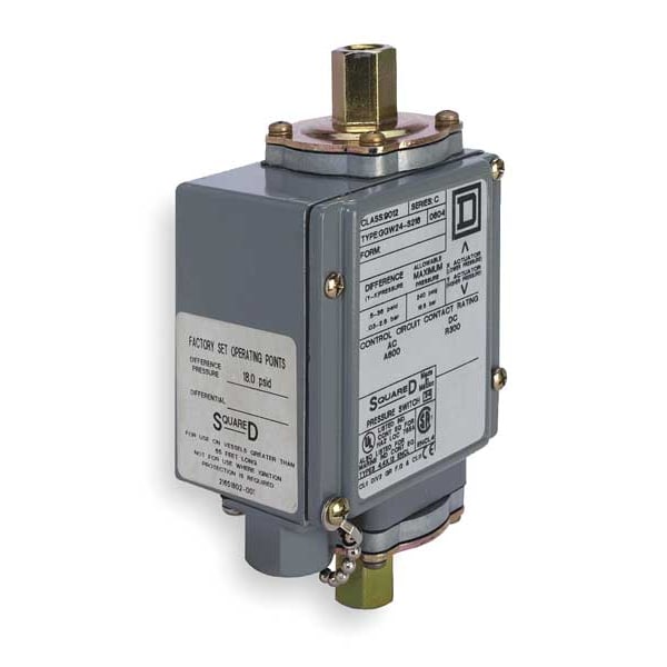 Square D Pressure Switch, (1) Port, 1/4-18 in FNPT, SPDT, 3 to 150 psi, Standard Action 9012GKW5
