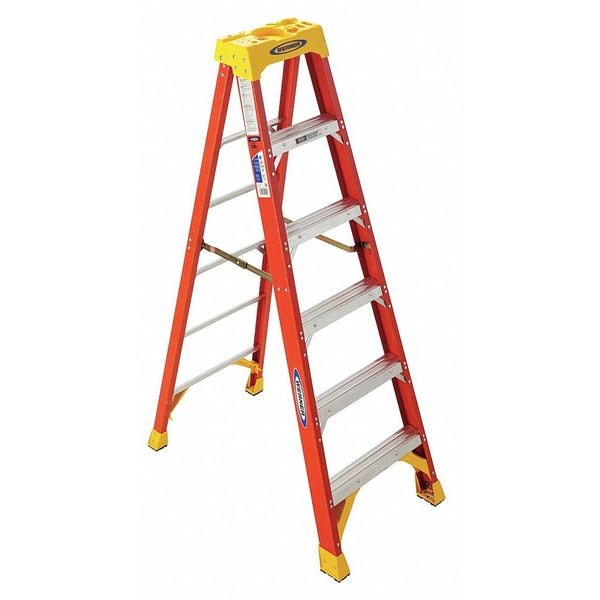 Werner Fiberlgass Stepladder, 6 ft Ladder Ht, 5 Steps, 300 lb, 41 1/4 in Base Spread, 23 3/8 in Bottom W 6206