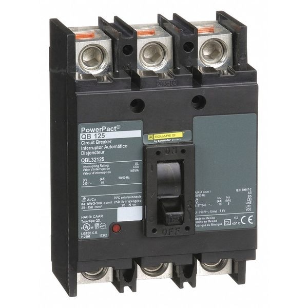 Square D Molded Case Circuit Breaker, 125A, 240V AC, 3 Pole, Free Standing Mounting Style, QB Series QBL32125