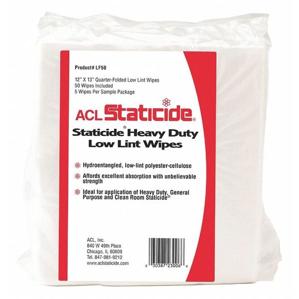 Acl Staticide Dry Wipe, White, Pack, Hydro-entangled (HEF), 50 Wipes, 12 in x 13 in LF-50