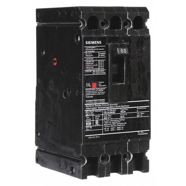 Siemens Molded Case Circuit Breaker, 80A, 480V AC, 3 Pole, Lug In Panelboard Mounting Style, HED4 Series HED43B080