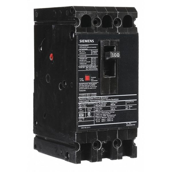 Siemens Molded Case Circuit Breaker, 100A, 480V AC, 3 Pole, Lug In Panelboard Mounting Style, HED4 Series HED43B100
