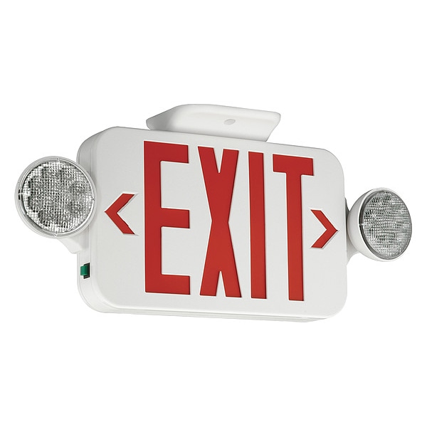 Compass Exit Sign with Emergency Lights, 7 1/4 in H x 18 in W, LED, Flush Mount, 2 Lamp Heads, White/Red CCR