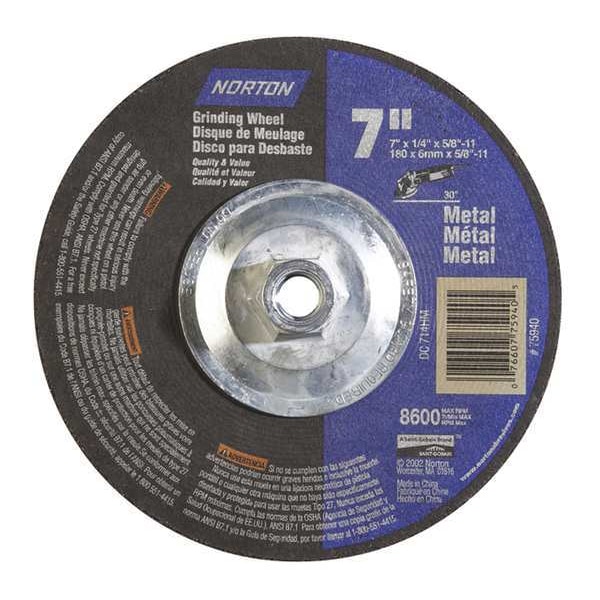 Norton Abrasives Depressed Center Wheels, Type 27, 7 in Dia, 0.25 in Thick, 5/8"-11 Arbor Hole Size, Aluminum Oxide 07660775940