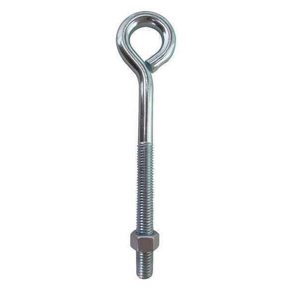 Zoro Select Routing Eye Bolt Without Shoulder, 3/8"16, 5 in Shank, 3/4 in ID, Steel, Zinc