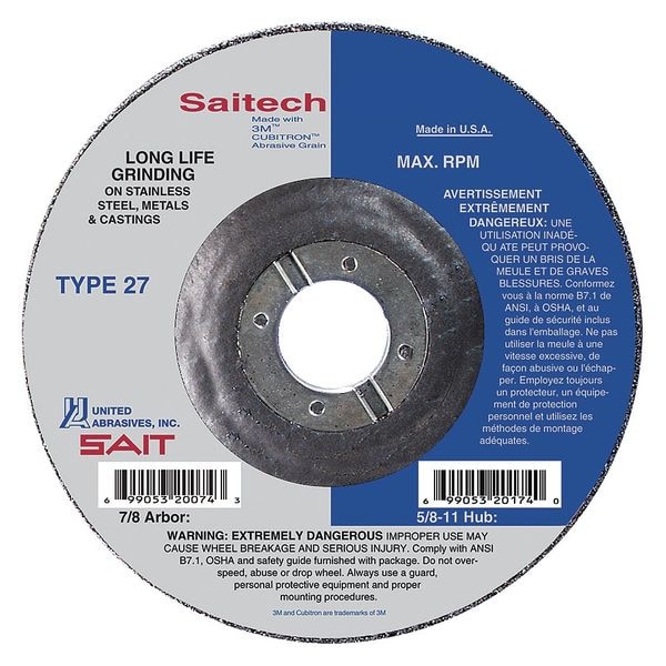 United Abrasives/Sait Cut-Off & Grinding Wheel, Type 27, 4 1/2 in