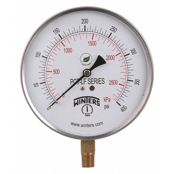 Winters Pressure Gauge, 0 to 400 psi, 1/4 in MNPT, Stainless Steel, Silver PCT327LF