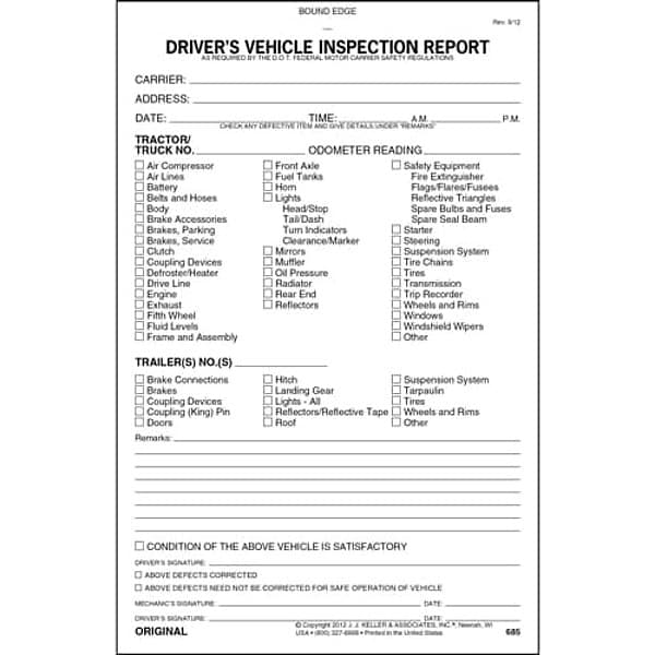 Jj Keller Driver Vehicle Inspection Form, With Carbon, 2 Plies, 31 Sets 685