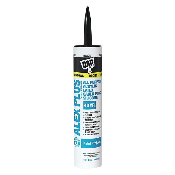 Dap Acrylic Latex Caulk Plus Silicone, 10.1 oz, Cartridge, Black, Siliconized Acrylic Polymer Base 18126
