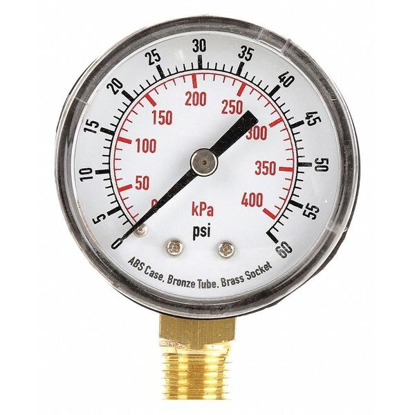 Zoro Select Pressure Gauge, 0 to 60 psi, 1/4 in BSPT, Plastic, Black 4EEZ8