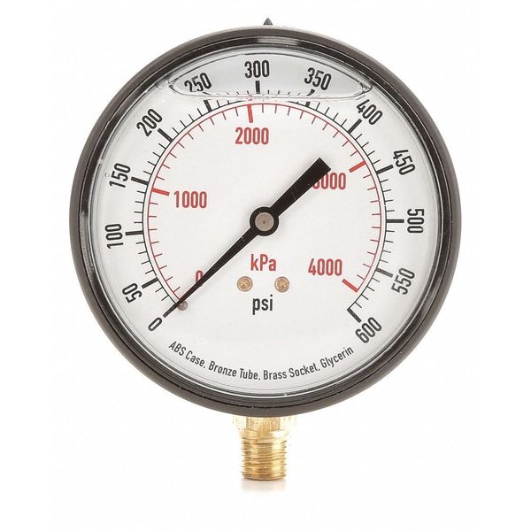 Zoro Select Pressure Gauge, 0 to 600 psi, 1/4 in MNPT, Plastic, Black 4FLE8