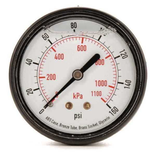 Zoro Select Pressure Gauge, 0 to 160 psi, 1/8 in MNPT, Plastic, Black 4FLG3