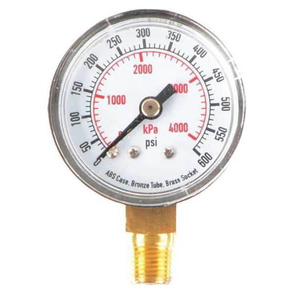 Zoro Select Pressure Gauge, 0 to 600 psi, 1/8 in MNPT, Plastic, Black 4FLR7