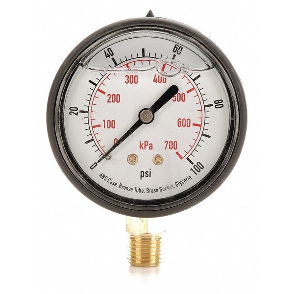 Zoro Select Pressure Gauge, 0 to 100 psi, 1/4 in MNPT, Plastic, Black 4FLC4