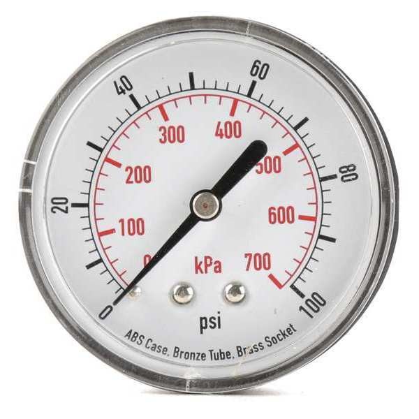 Zoro Select Pressure Gauge, 0 to 100 psi, 1/4 in MNPT, Plastic, Black 4FME5
