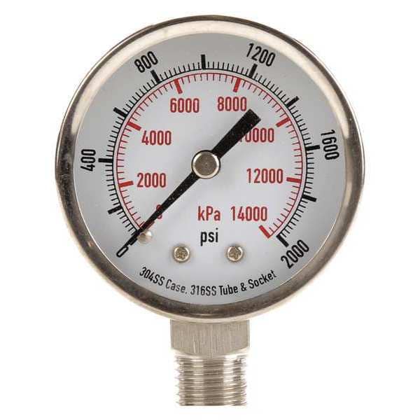 Zoro Select Pressure Gauge, 0 to 2000 psi, 1/4 in MNPT, Stainless Steel, Silver 4FML5