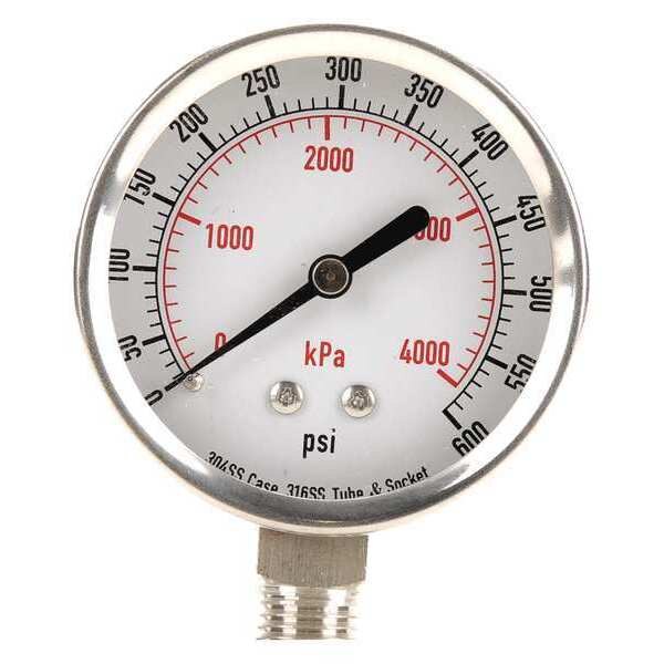 Zoro Select Pressure Gauge, 0 to 600 psi, 1/4 in MNPT, Stainless Steel, Silver 4FMN8