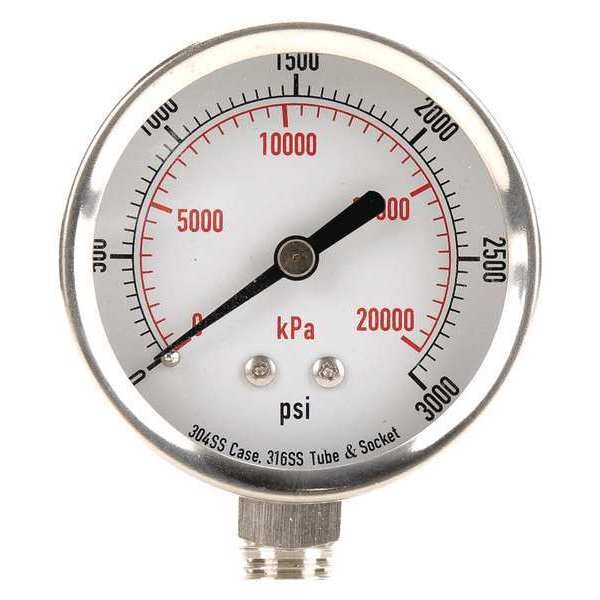 Zoro Select Pressure Gauge, 0 to 3000 psi, 1/4 in MNPT, Stainless Steel, Silver 4FMP2