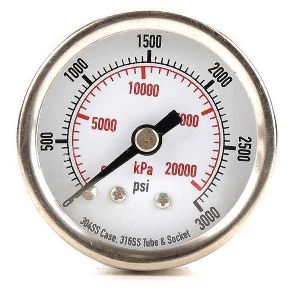 Zoro Select Pressure Gauge, 0 to 3000 psi, 1/8 in MNPT, Stainless Steel, Silver 4FMU3