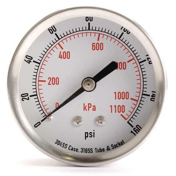 Zoro Select Pressure Gauge, 0 to 160 psi, 1/4 in MNPT, Stainless Steel, Silver 4FMW6