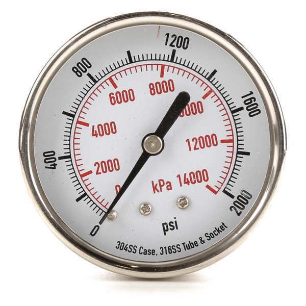 Zoro Select Pressure Gauge, 0 to 2000 psi, 1/4 in MNPT, Stainless Steel, Silver 4FMX3