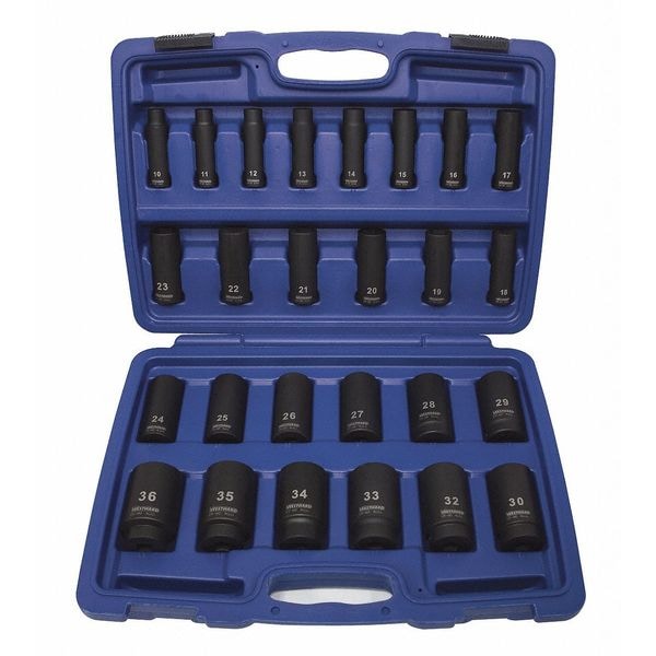 Westward Impact Socket Set, 1/2 in Drive, Metric, Black Oxide, 26Piece