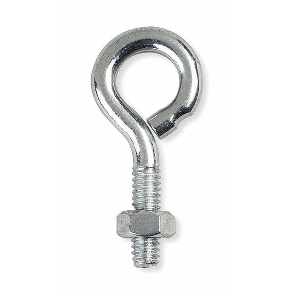 Zoro Select Routing Eye Bolt Without Shoulder, 1/4"-20, 5 in Shank, 1/2 in ID, Steel, Zinc Plated, 10 PK 070805