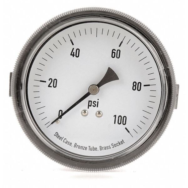 Zoro Select Pressure Gauge, 0 to 100 psi, 1/4 in MNPT, Steel, Black 4UA49